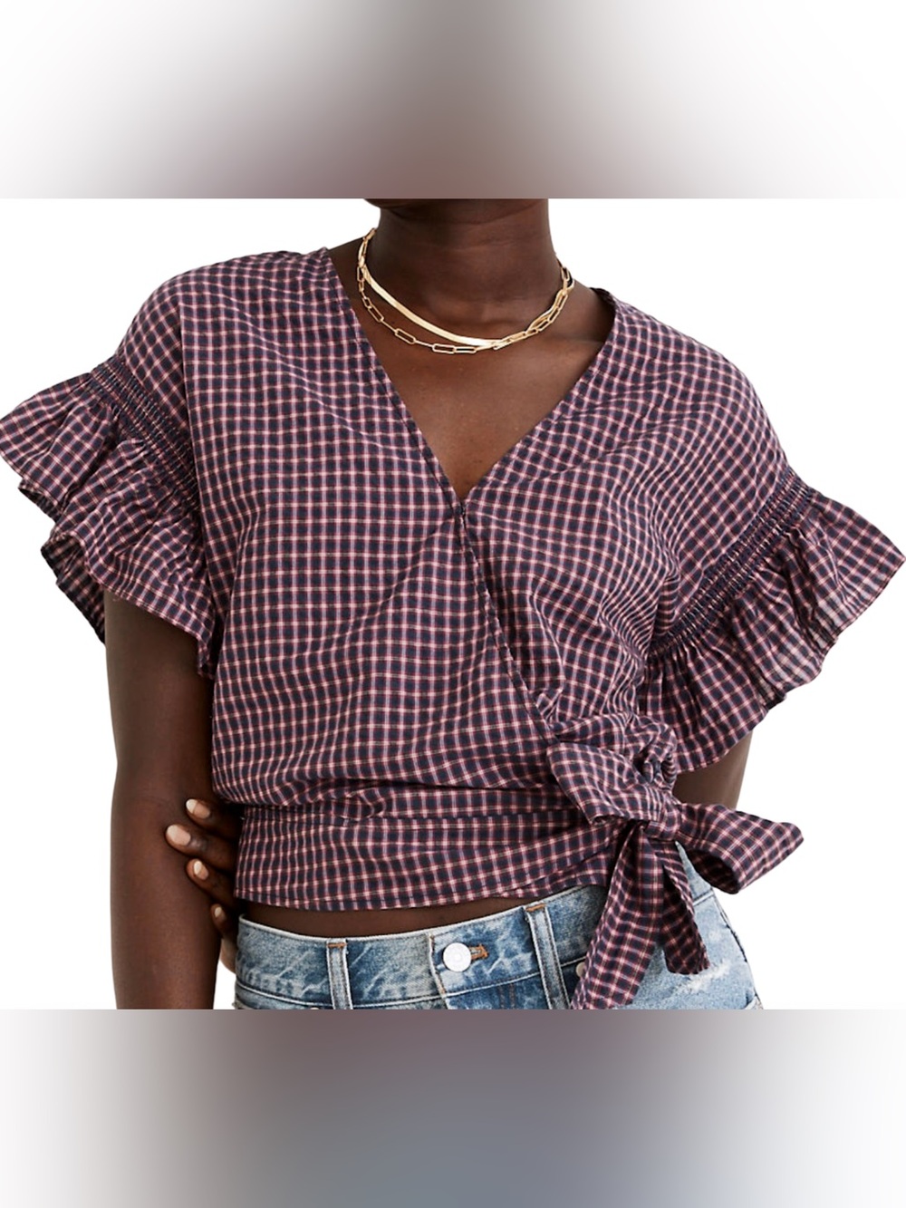 Madewell Navy and Pink Plaid Wrap Crop Top